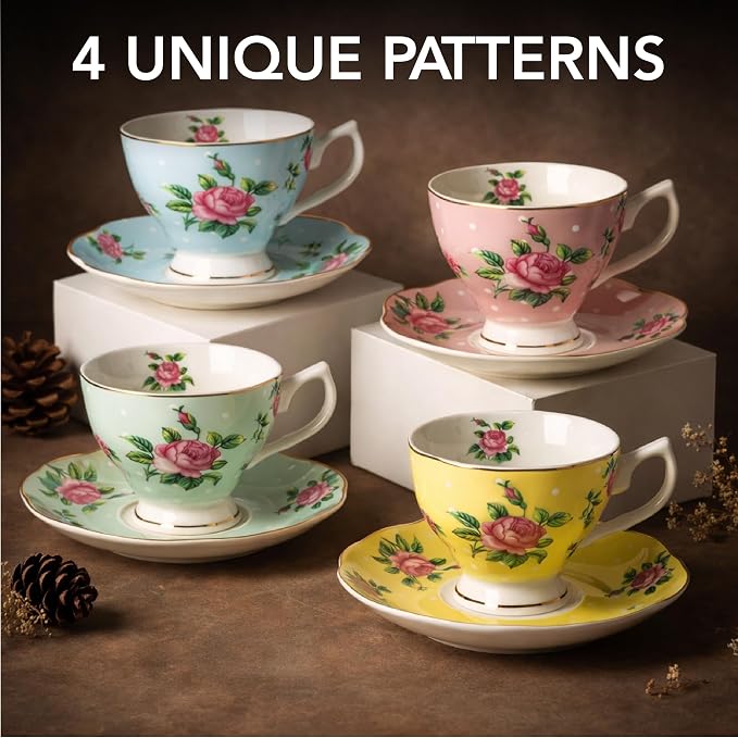 BTaT- Floral Tea Cups and Saucers, 8 oz, Fine Porcelain Teacup Set - Image 2