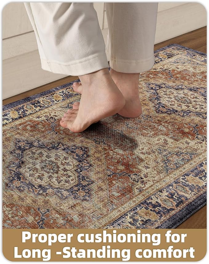 Color&Geometry Anti Fatigue Kitchen Mats for Floor 24x87, Vintage Decor, Easy Clean, Waterproof & Oil Proof, 0.4" Thick Cushioned, Non-Slip Kitchen Runner Rug for Sink, Laundry, Office, Warm Coral