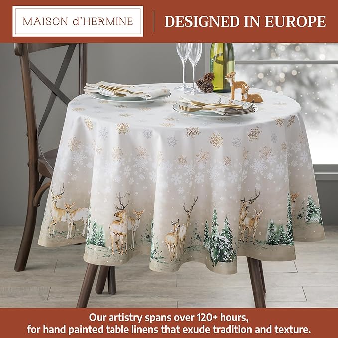 Maison d' Hermine Table Cloth Round Table 100% Cotton 69 Inches Fall Tablecloth Reusable Everyday Use for Thanksgiving Christmas Decorations Dining Farmhouse Party (Deer in The Woods)