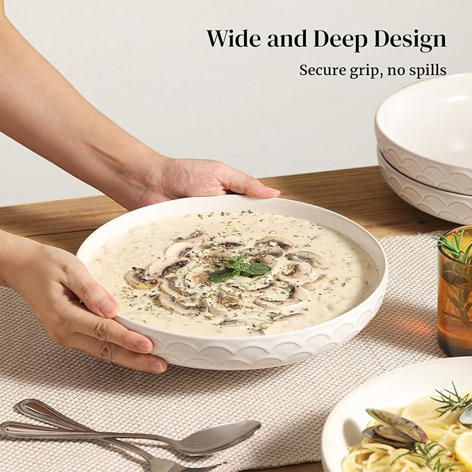 DOWAN Large Pasta Bowls Set of 4, 54 oz Embossment Salad Serving Bowls, Ceramic Plates, White Soup Bowl for Kitchen Meal Prep, Shallow Dishes Dinner Bowl Microwave Tableware