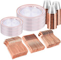 bUCLA 300PCS Rose Gold Plastic Dinnerware - Clear Dinnerware Set Disposable Include 50 Dinner Plates,50 Dessert Plates,50 Knives,50 Forks,50 Spoons,50 Cups for Party, Wedding & Valentines Day