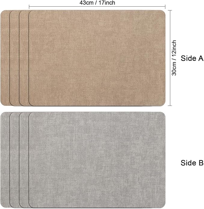 Myir JUN Reversible Vinyl Placemats Set of 6, Faux Leather Place Mats Dual Sided Waterproof Oilproof Wipeable, Heat-Resistant Table Mats for Kitchen Dining Indoor Outdoor (12" x 17", Light Gray Beige)