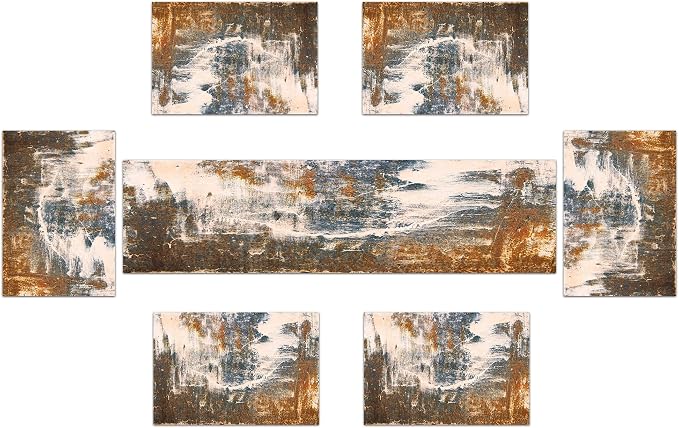 Black Grey Modern Table Runner and Placemats Set of 6, Linen 70" Long | - Image 2