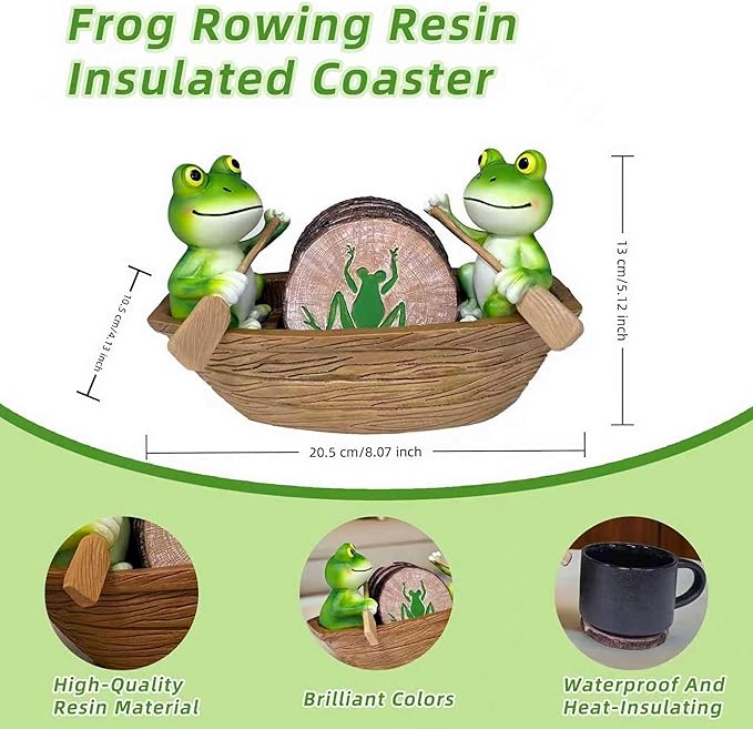 Frog Coasters Set of 6 Rustic Coasters in Handmade Canoe Drink Coffee Mug Wine Beer Bar Round Table Decorative Cute Log Cabin Decor for The Home