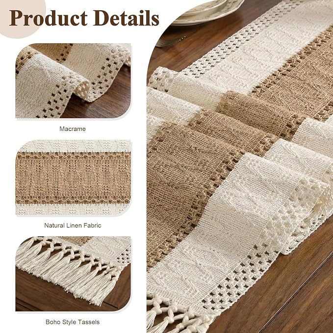 Burlap Boho Table Runner Macrame Brown 48in Farmhouse Woven Runner | Burlap - Image 4