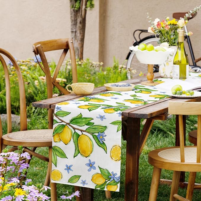 Summer Amalfi Coast Lemon Fruit Table Runner, Seasonal Green Leaves Burlap - Image 9