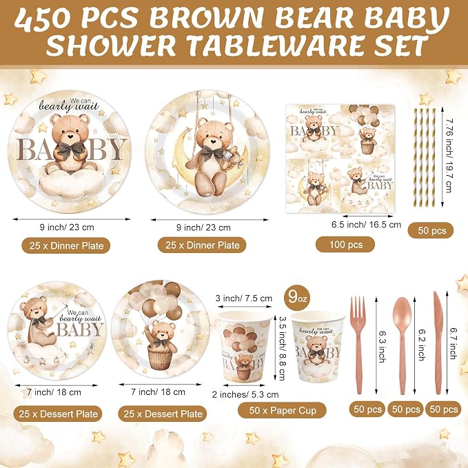 450 Pcs Brown Bear Baby Shower Tableware Set Decoration, Serves 50 | We Can - Image 2