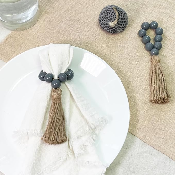 Napkin Rings Set of 12,Wooden Napkin Rings,Wood Bead Elastic Farmhouse Napkin Holder with Tassel,Boho Napkin Ring for Table Decor,Weeding,Dinner,Party (Dark Gray)