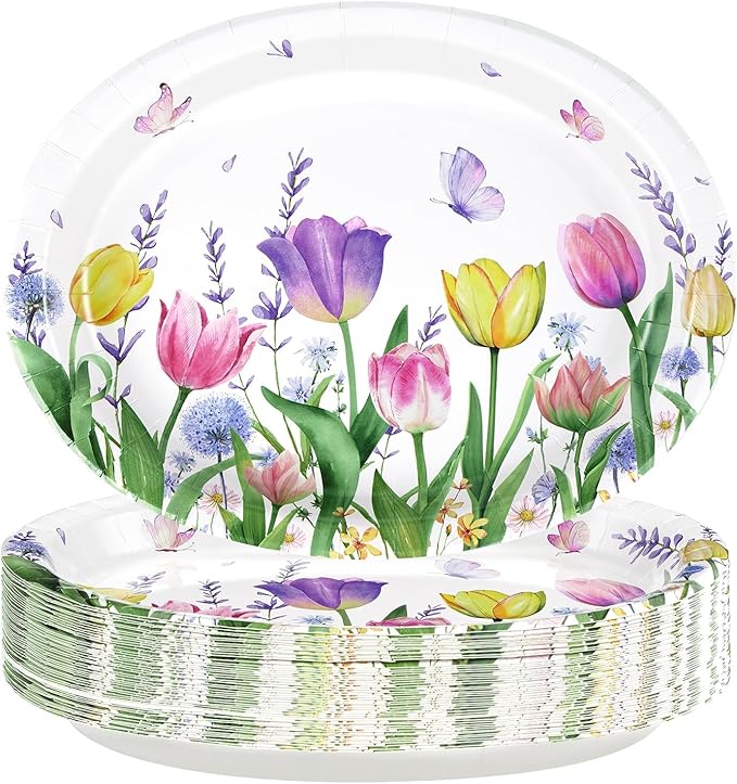 50 Pcs Tulip Oval Paper Plates Large 10" x 12" Tulip Lavender Floral Plates Disposable Heavy Duty Butterfly Flower Plates for Easter Spring Wedding Bridal Baby Shower Decor Birthday Tea Party Supplies
