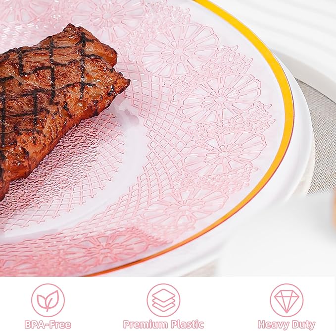 60PCS Pink Plastic Plates with Gold Rim, Lace Patterns Heavy Duty Disposable Plates Include 30 Dinner Plate 10 Inch and 30 Salad Plate 7 Inch for Party, Wedding, Transparent Pink