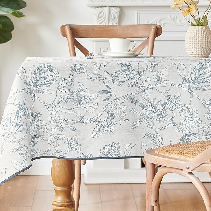 jinchan Blue Floral Linen Rectangle Table Cloth 50 x 70 Inch | Classic floral by JINCHAN