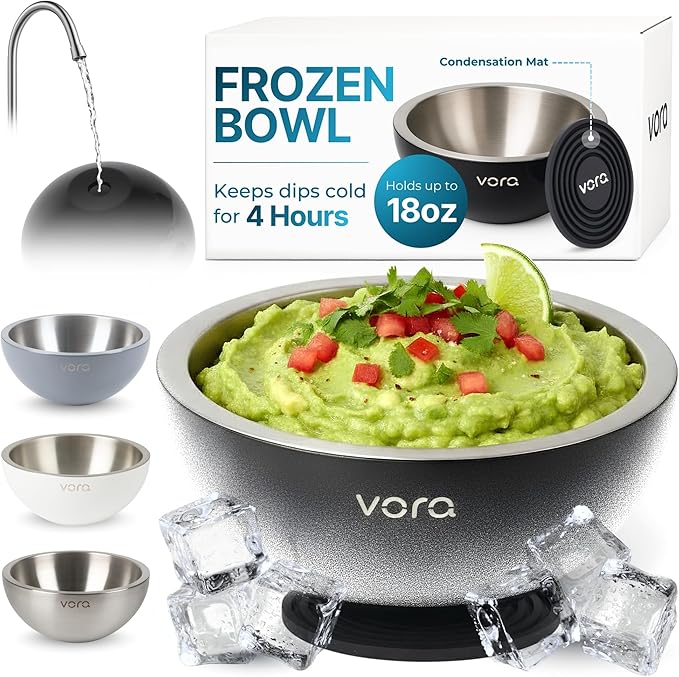 Vora 18oz Dip Chiller Bowl | Black Stainless Steel Chilled Dip Bowl for Dips, Guacamole, Hummus, Salsa | Insulated Serving Dishes with Easiest Water Fill & Refillable Chamber
