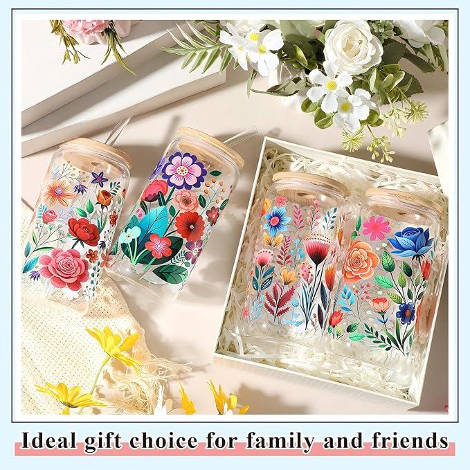 Mumufy 4 Pack Wildflower Glass Cups Gift Aesthetic Cute Glass Cup Tumbler - Image 6