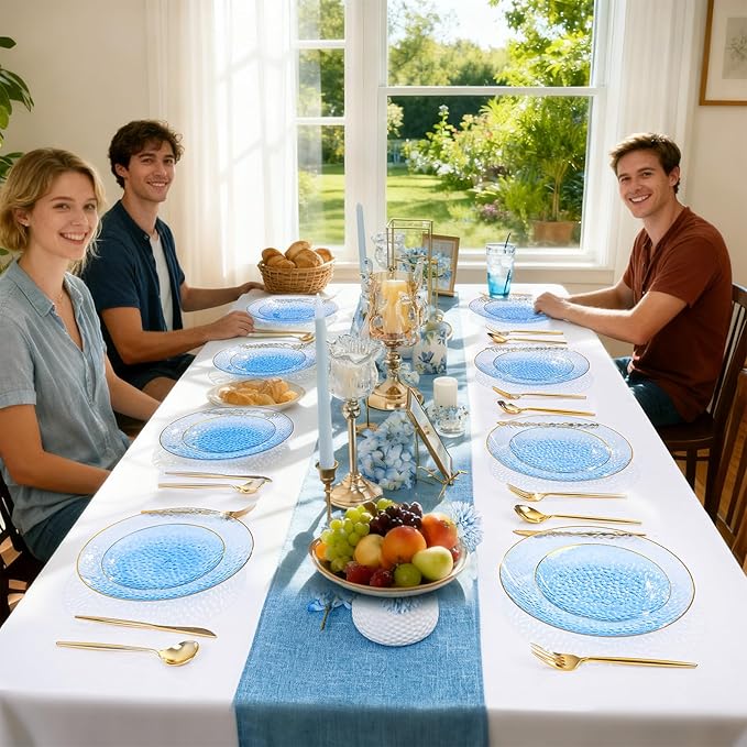Rubtlamp 150Pcs Blue Plastic Plates, Gold Plastic Dinnerware Set For 30 Guest, Hammered Heavy Duty Plates with Gold Rim Include 30Dinner Platos, 30Salad Platos,90 Cutlery