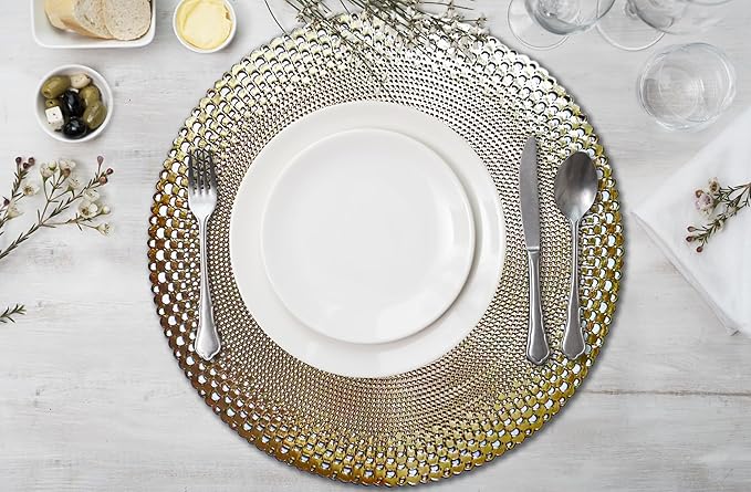 Vinyl Round Placemats Set of 4 - Non Slip Place Mats Ideal for Indoor and Outdoor Dining Table - Washable and Heat Resistant Table Mat for Kitchen Tables (Vincent Gold)