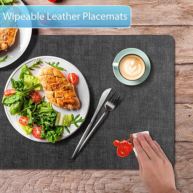 Placemats Set of 4 Washable, Heat Resistant Table Placemats Wipeable Faux Leather Place Mats Non Slip, Waterproof Square Table Mats for Indoor Outdoor, Charcoal Gray