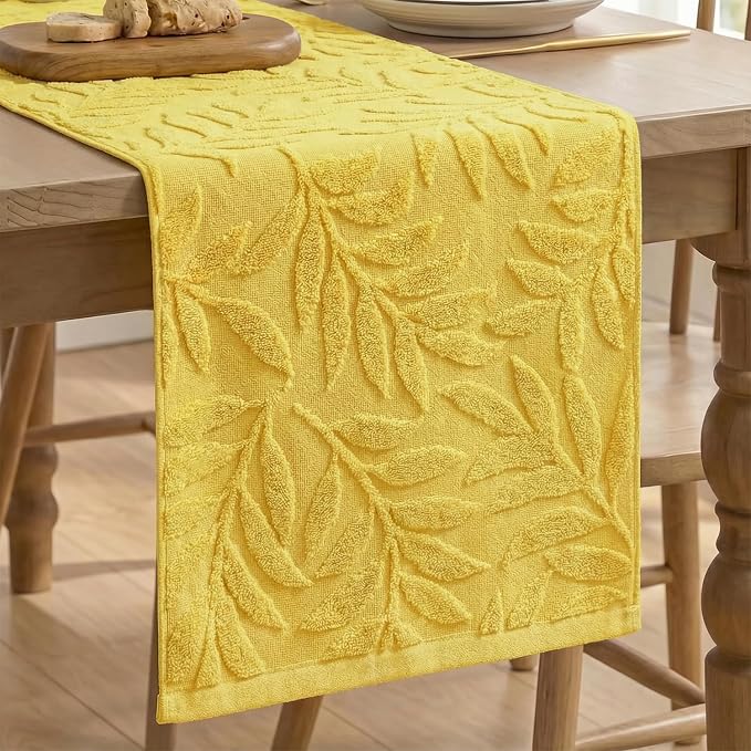 Artoid Mode Yellow Soft 3D Jacquard Leaves 100%Cotton Spring Table Runner by ArtoidMode
