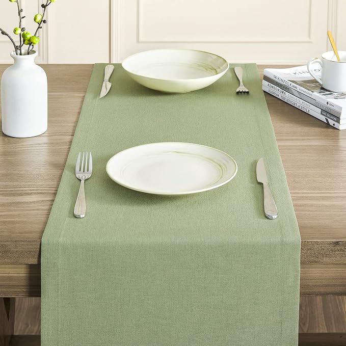 Basic Linen Style Table Runner, 14x36 Inch Sage Green | Mitered Corner Design - Image 5
