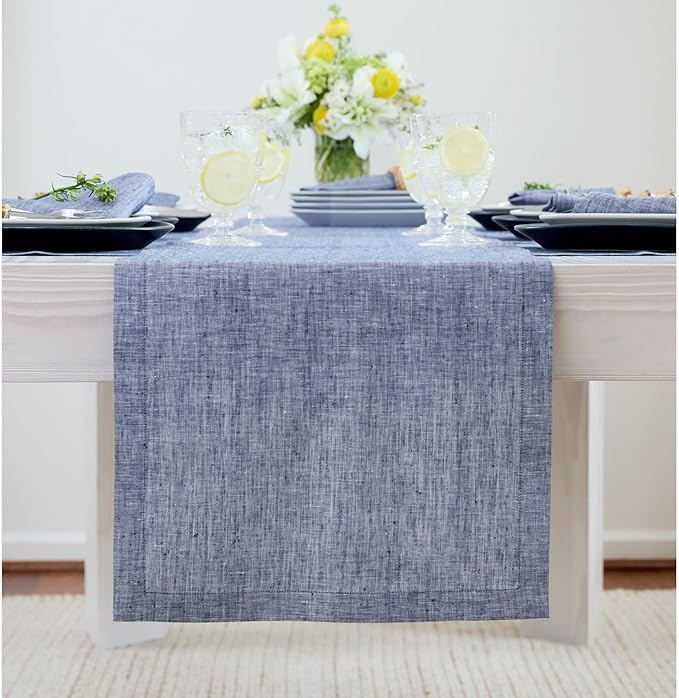 Solino Home Linen Short Table Runner 60 Inches - Athena, 100% Pure Linen Chambray Indigo Table Runner 14 x 60 Inch Ideal for Dresser and Coffee Tables - Winter, Spring, Easter