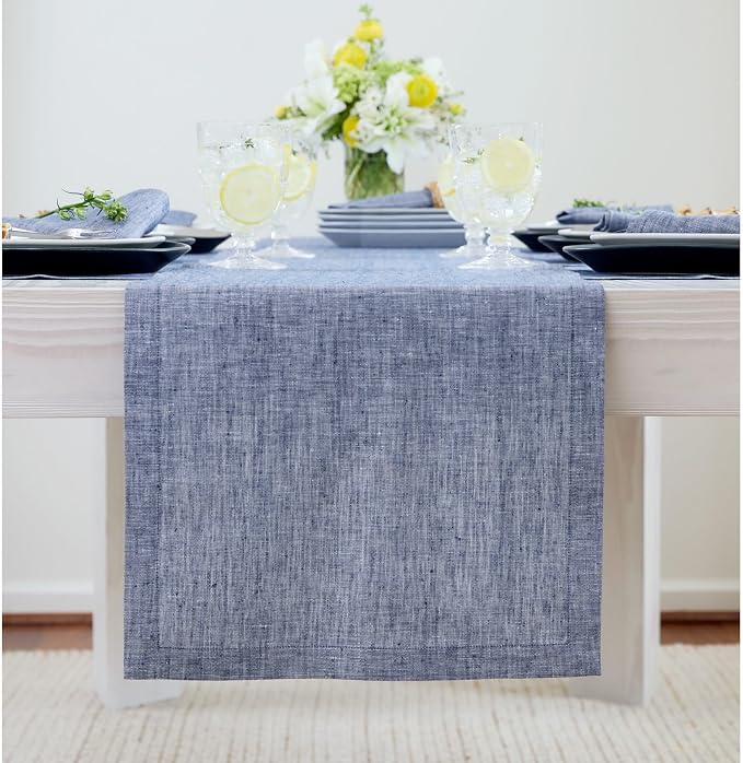 Solino Home 100% Pure Linen Table Runner Indigo Long, Athena 14 x 132 in | - Image 2