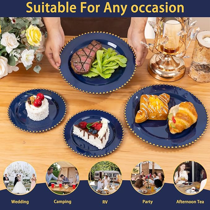 EI 60pcs Dark Blue Plastic Plates with Gold Rim Disposable,Blue Plastic Plates Disposable for Party,Heavy Duty 10" Dinner & 7" Dessert Plate Fancy Elegant Plate for Wedding,Birthday,Afternoon Tea