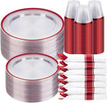 BESTSTAR 350PCS Clear and Red Disposable Plates Set for 50 Guests, 100 Plastic Plates, 50 Plastic Cups, 50 Pre-Rolled Napkins with Cutlery for Party, Christmas, Thanksgiving, Birthday, Halloween