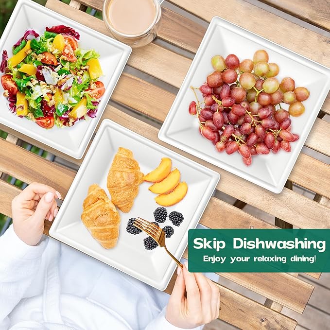 Square Paper Plates 10 Inch [100-Pack] Compostable Eco Friendly Disposable Plates Heavy Duty, Biodegradable Recycled Bagasse Plates, Large Paper Dinner Plates, Sturdy White 10" Plate
