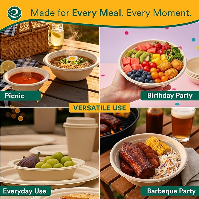 ECO SOUL 100% Compostable 12 Oz Soup Bowls [2 Packs of 100] Disposable Sturdy Bowls I Heavy Duty Paper Bowl I Eco-Friendly Salad Bowl I Biodegradable Small
