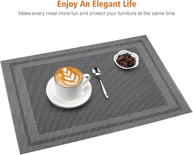 Placemats Set of 4,Washable,Heat and Stain Resistant Indoor/Outdoor Place mats,Vinyl Woven Non Slip Table Mats for Restaurant Table Protection,PVC Placemats(Black Gold,4PCS)