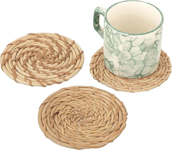 ALPHA Living HOME Handmade Cane Bar Coaster Set of 12-4 Inch Round Woven Natural Brown Drink Mats for Table, Coffee Mug, Glass - Rustic Rattan for Home, Bar, Kitchen Décor