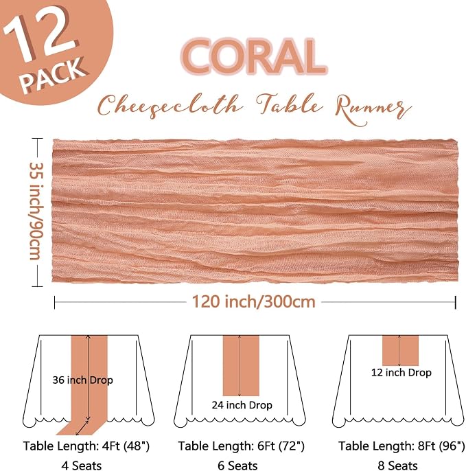 12 Pack Coral Cheesecloth Table Runner 10Ft Gauze Cheese Cloth Table Runner - Image 2