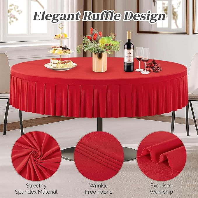 6 Pack Red Spandex Round Tablecloths for 60 Inch Tables, Stretchy Fitted 5FT Cloths, Wrinkle-Free Cover With Skirt for Wedding Party Dining Banquet