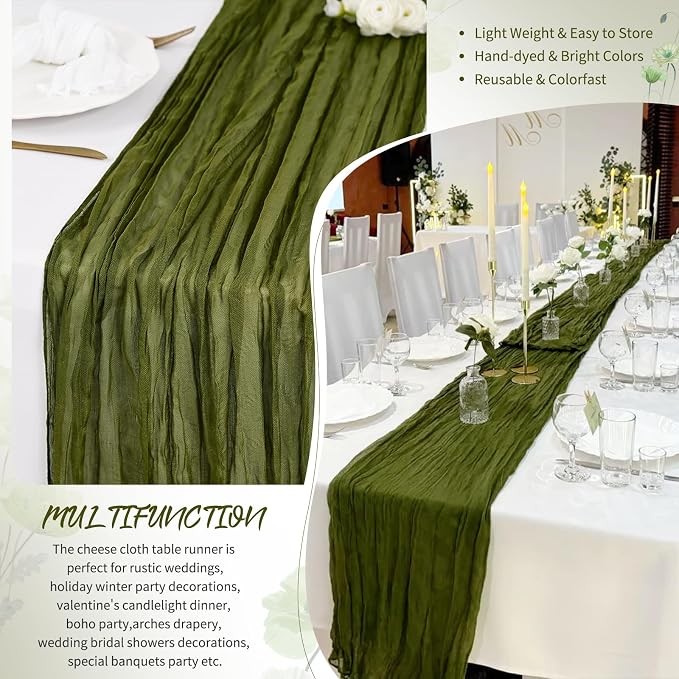 Showgeous 18 Pack Olive Green Cheesecloth Table Runner, 17 x 108 Inches | Boho - Image 5