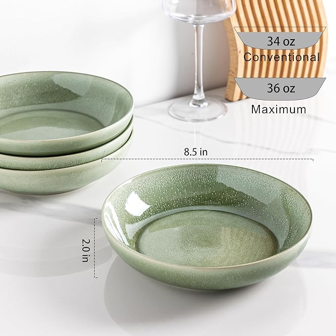 AmorArc 8.5'' Large Ceramic Pasta Bowls Set, 36oz Stoneware Bowls Set of 6 for Kitchen, Reavtive Glaze Bowls-Microwave,Dishwasher Safe for Pasta,Salad,Oatmeal-Olive Green