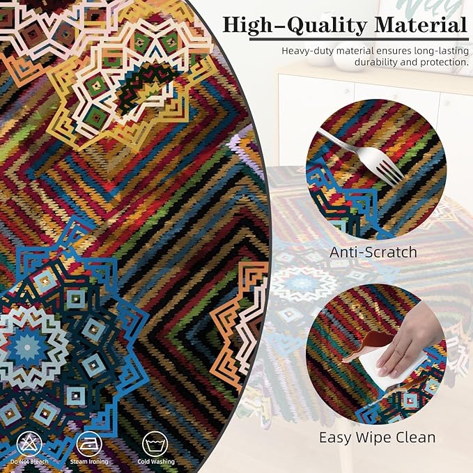 Laeacco 70 Inch Colorful Patchwork Round Tablecloth Woven Flowers Geometric Abstract Art Print Table Cloth Washable Waterproof Wrinkle Free Table Cover for Kitchen Dining Picnic Party Decoration