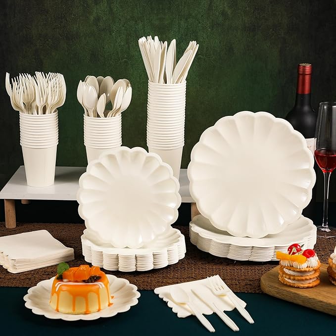 350 Pcs Cream White Scalloped Paper Plates Shell Edge Disposable Tableware Cocktail Napkins Cups Plastic Spoons Forks Knives for Wedding Baby Shower Picnic Birthday Party Supply for 50 Guests