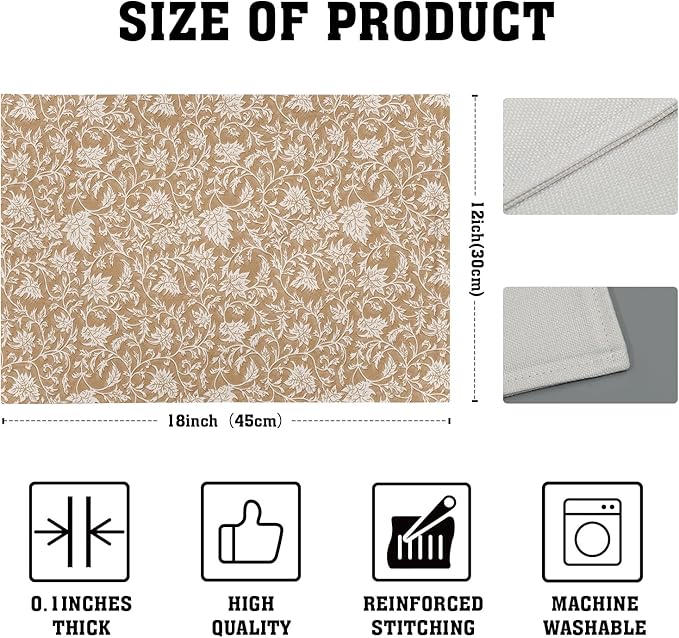 Block Print Placemats - Vintage Floral Place Mats Set of 4 Rustic Brown Beige Tablemats 12x18 for Party Kitchen Dining