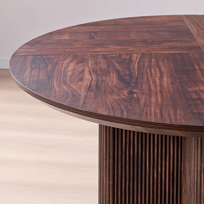 T4TREAM 47" Fluted Round Dining Table for 4-6, Mid-Century Modern Kitchen Table with Thickened Edge & Sturdy Pedestal Base for Kitchen Living Room,Dark Walnut(Table Only)