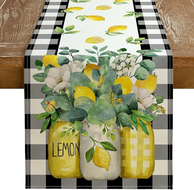 Black Buffalo Check Summer Table Runner 13 x 120 Inch, Lemon Vase Spring by GEEORY