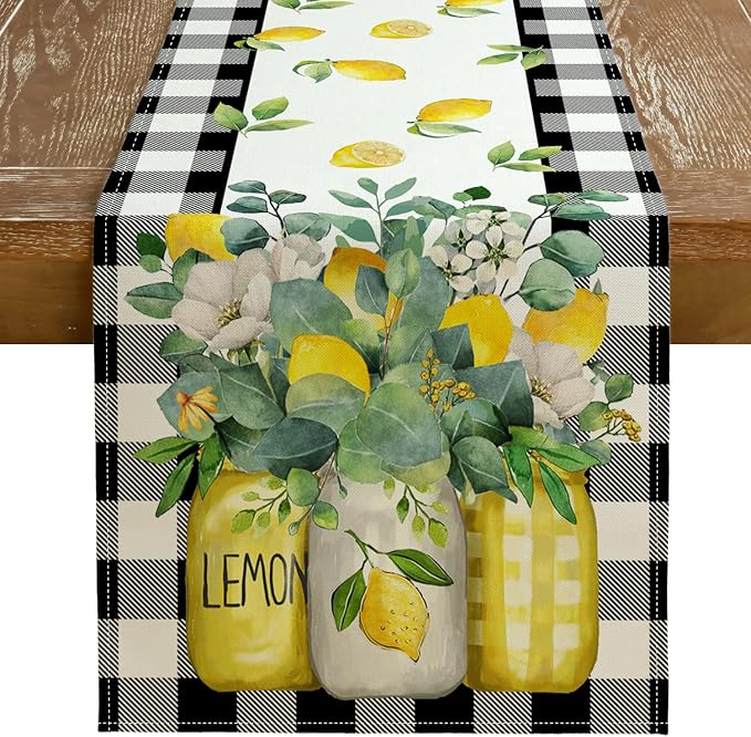 Black Buffalo Check Summer Table Runner 13 x 48 Inch, Lemon Vase Spring by GEEORY