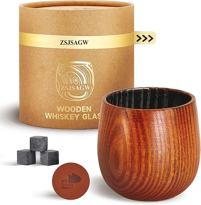 Charred Wooden Whiskey Glass 10oz | Handcrafted Old Fashioned Tumbler with Stones & Coaster | Bourbon Gift Set for Men, Dad, Husband (1 Pack)