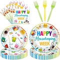 96Pcs Housekeeping Week Decorations, Cleaning Icons Plates Napkins Forks by EoBeCy