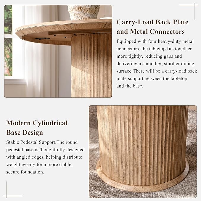 T4TREAM 47" Fluted Round Dining Table for 4-6, Mid-Century Modern Kitchen Table with Thickened Edge & Cylindrical Base for Dining Room, Kitchen, Living Room,Natural Oak(Table Only)