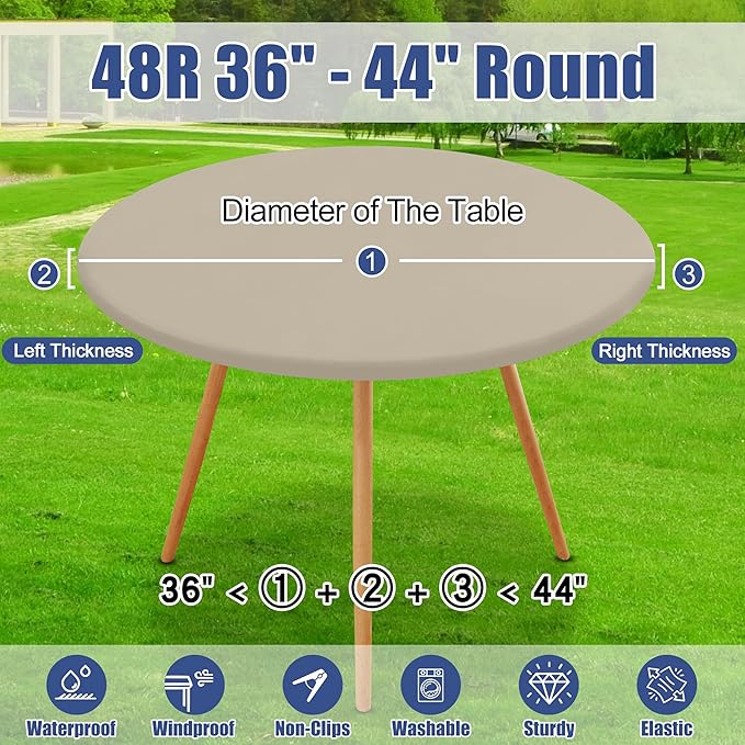 Round Spandex Tablecloth 2 Pack, Elastic Fitted Waterproof Tablecloths for 36"-44" Tables, Stretch Washable Picnic Table Cover for Camping, Dining, Indoor and Outdoor, Taupe