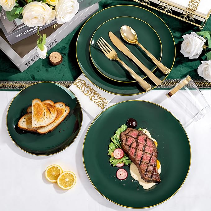 YOUBET 175PCS Green Plastic Plates - Green and Gold Disposable Plates Include 50 Plate, 75 Silverware, 25 Cups, 25 Napkins for Wedding & Party