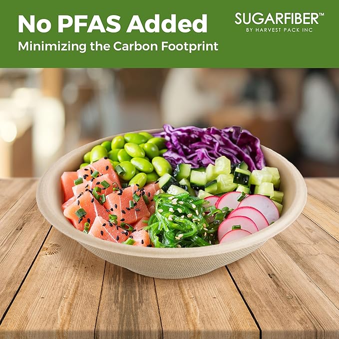 [1000 Count]Sugarfiber by Harvest 22oz Round Bowls PFAS Free with PLA coating - Compostable Heavy-Duty Eco-Friendly Disposable Bagasse Bowl Sugarcane made plant fibers for Meal Prep