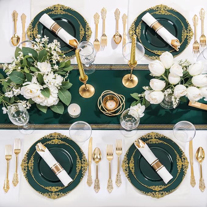 Nervure 350Pcs Green Plastic Plates, Plastic Dinnerware Set - Image 4