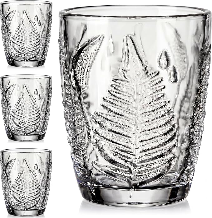 Clear Drinking Glasses Set of 4, 10 oz Glass Cups, Vintage Fern Glassware | by QELVIO