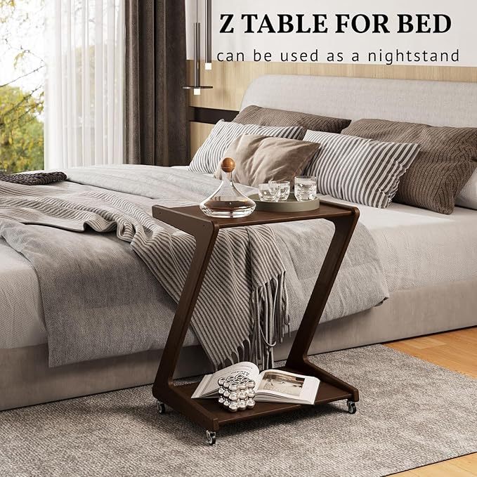 ZIYOO Solid Wood Rolling End Table with Lockable Wheels, Bamboo Couch Side Table That Slides Under Sofa/Bed, Mobile Snack Table for Living Room, Bedroom, Small Spaces, Walnut