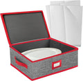 VERONLY Christmas Platter Storage Case - Plate Storage Containers, Stackable China Storage Containers Hard Shell,4 Felt Dividers Included for Dish,Plate, Dinnerware and Transport,Gray and Red